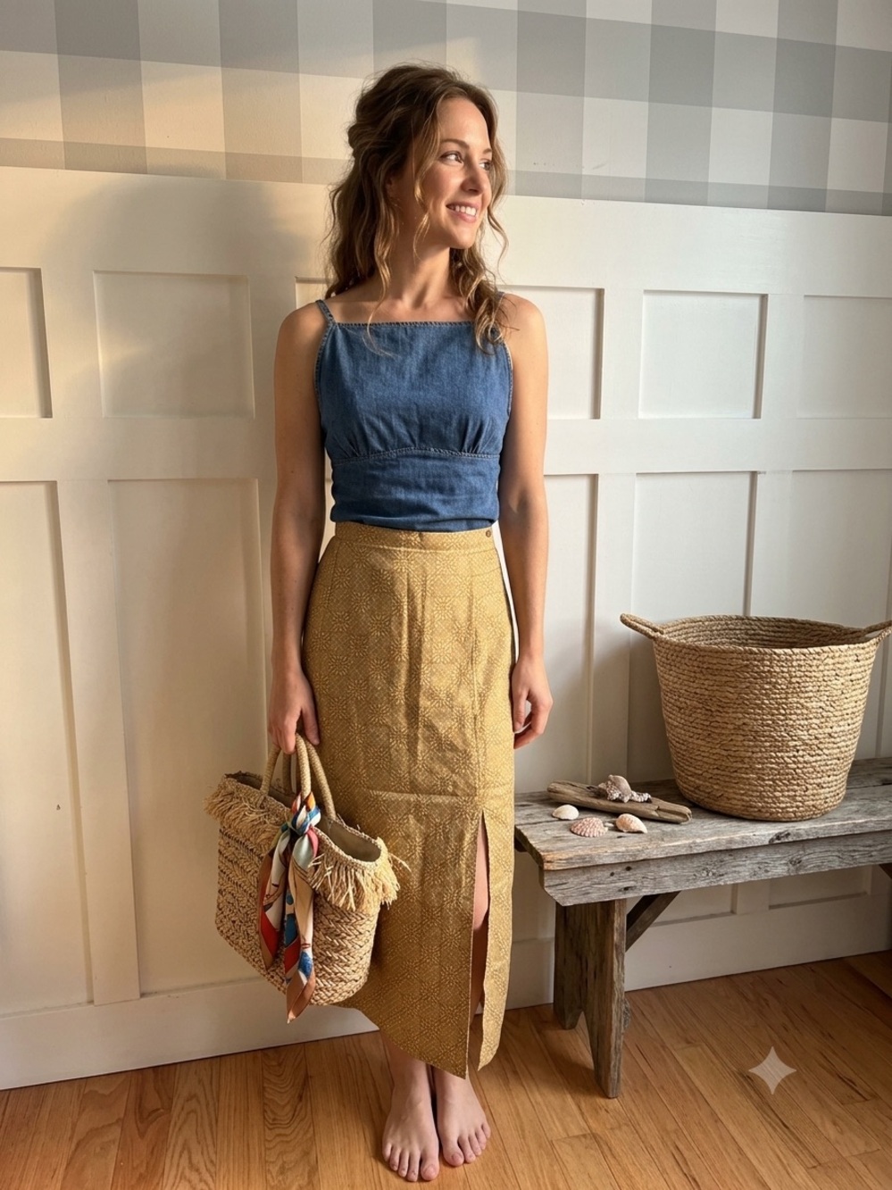 GAP Textured Mustard Midi Skirt with Front Slit